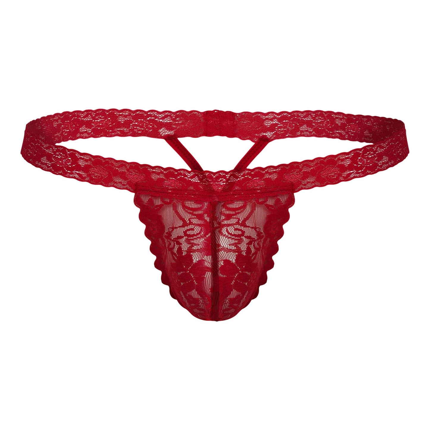 Red lace thong, front view.