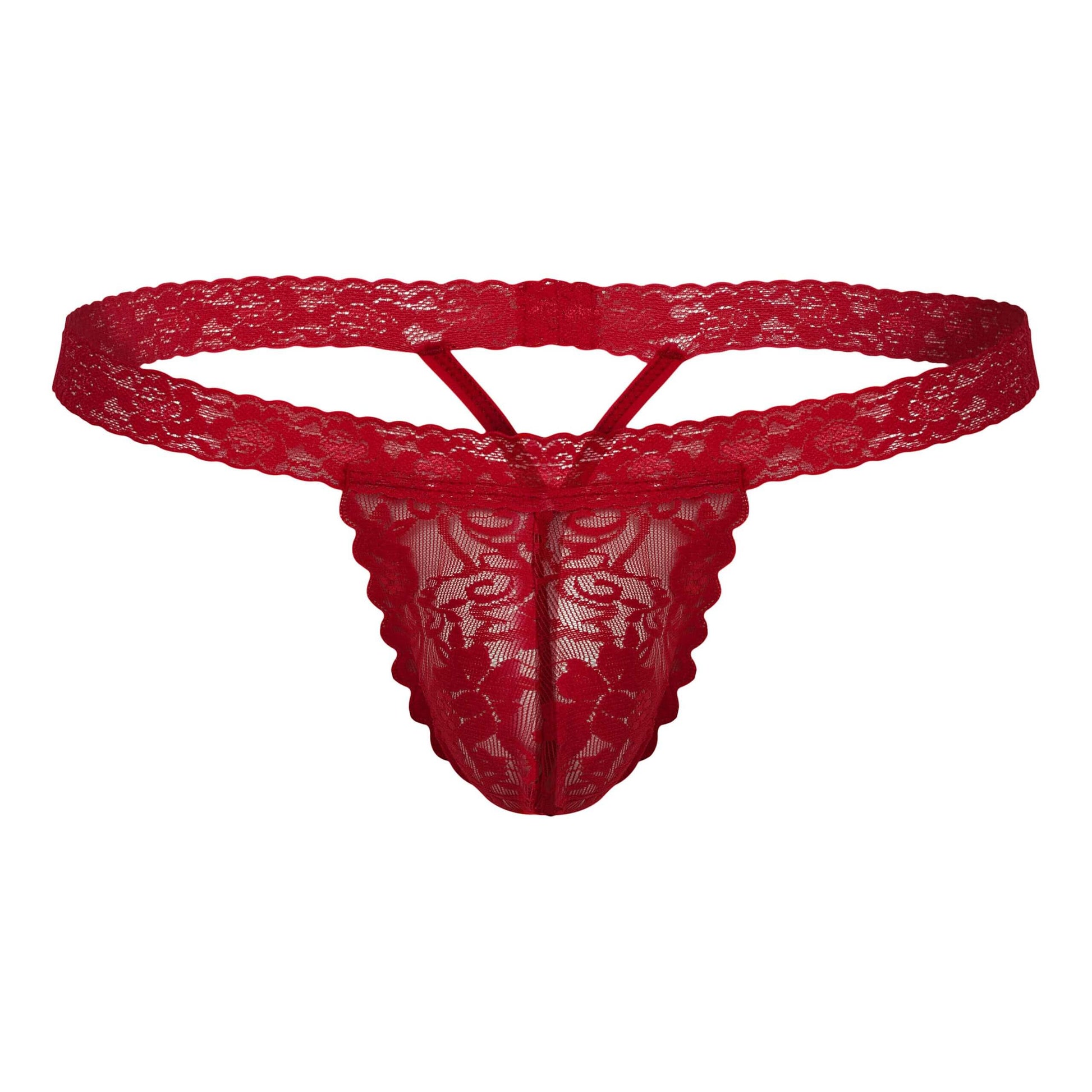 Red lace thong, front view.