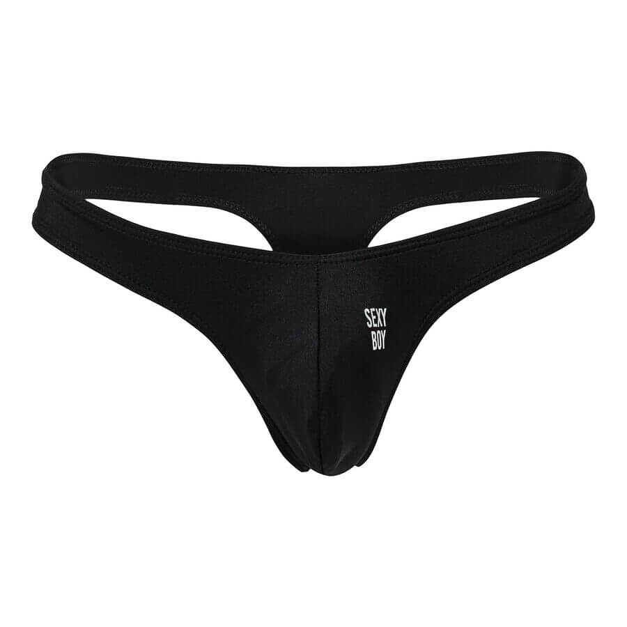 Men’s black thong with a minimal front pouch design, featuring the white text “SEXY BOY” printed on the left side.