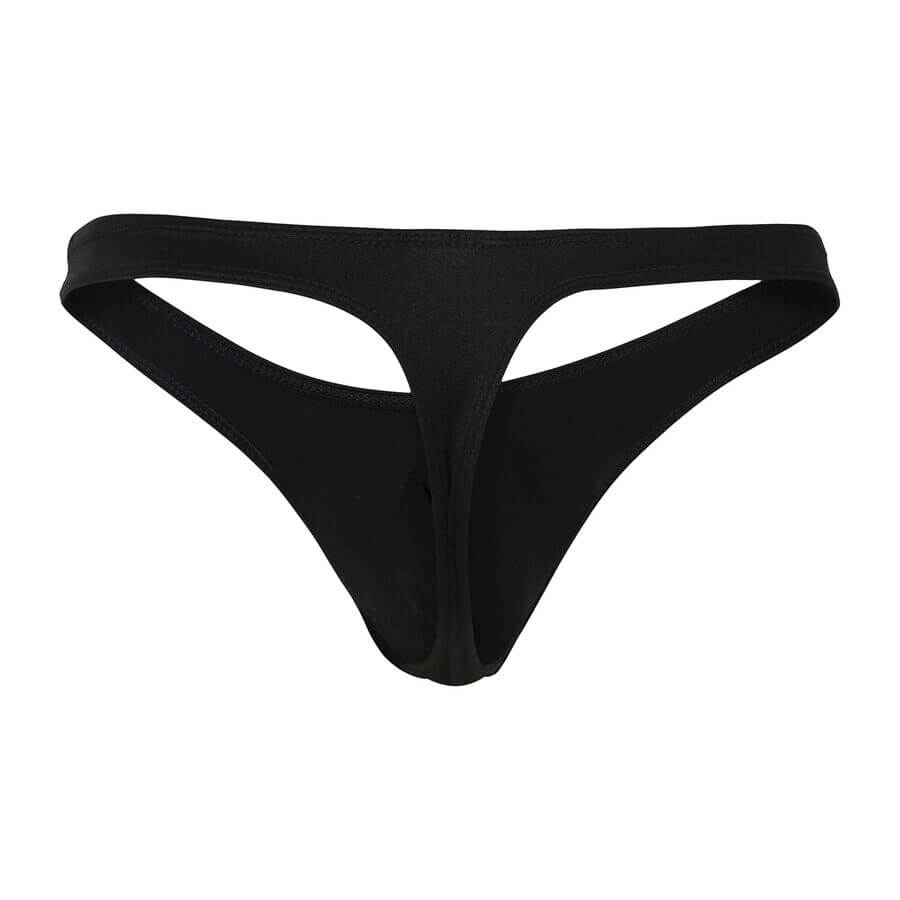 Black men’s thong with a minimal, low-rise cut and a solid front panel without any text or patterns.