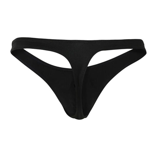 Black men’s thong with a minimal, low-rise cut and a solid front panel without any text or patterns.