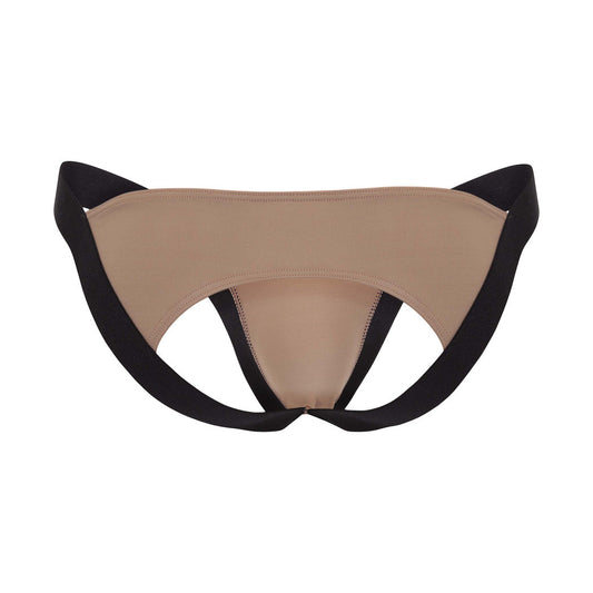 Beige and black Intymen open-back thong laid flat on white background.