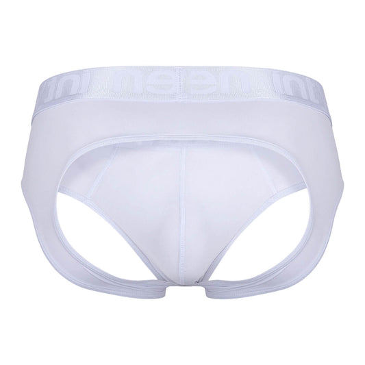 Back view of white Intymen jockstrap laid flat on white background.