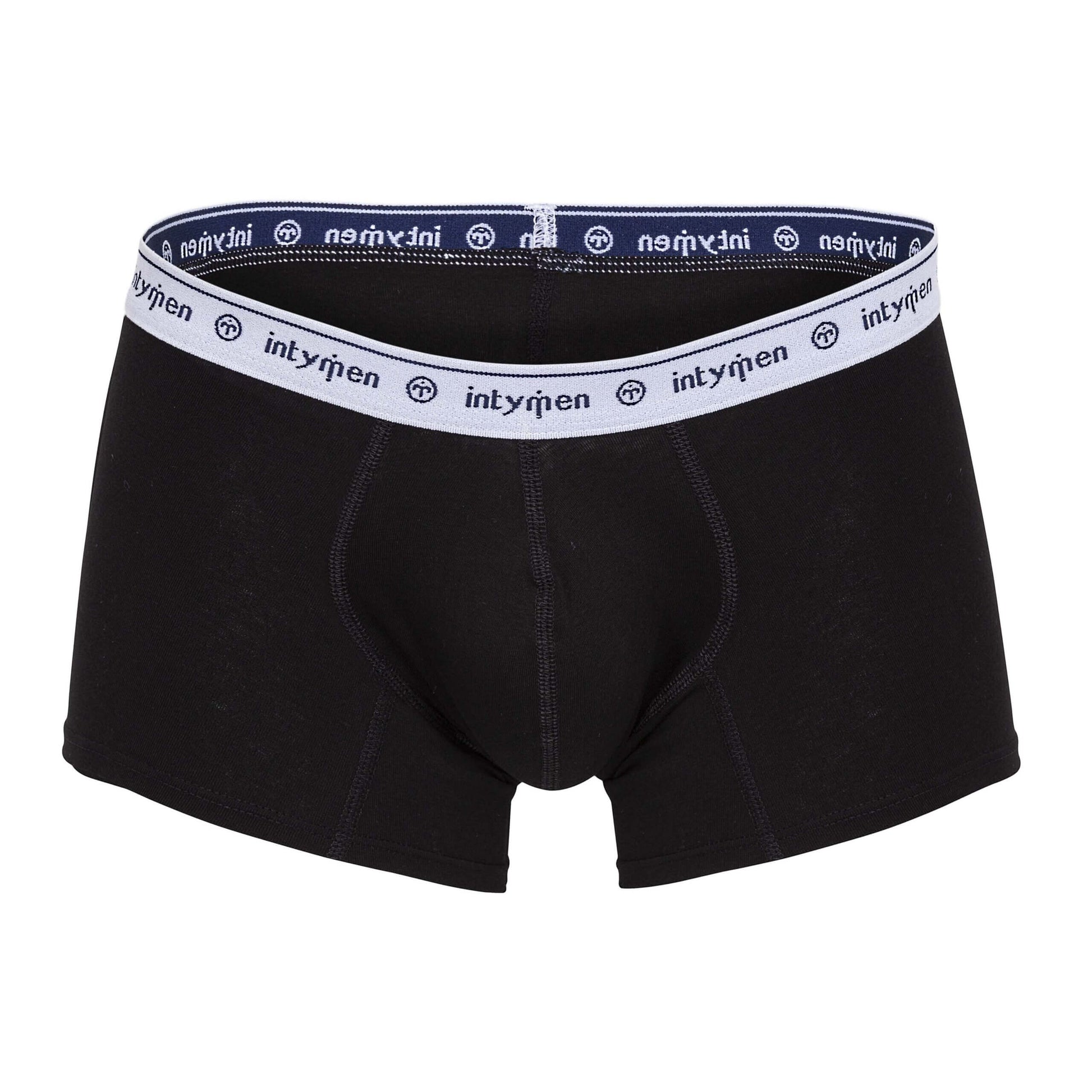 Front view of black Intymen boxer briefs with white logo waistband laid flat.