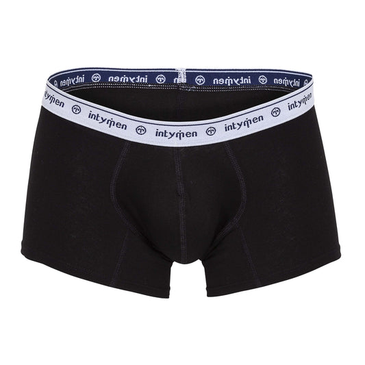 Front view of black Intymen boxer briefs with white logo waistband laid flat.