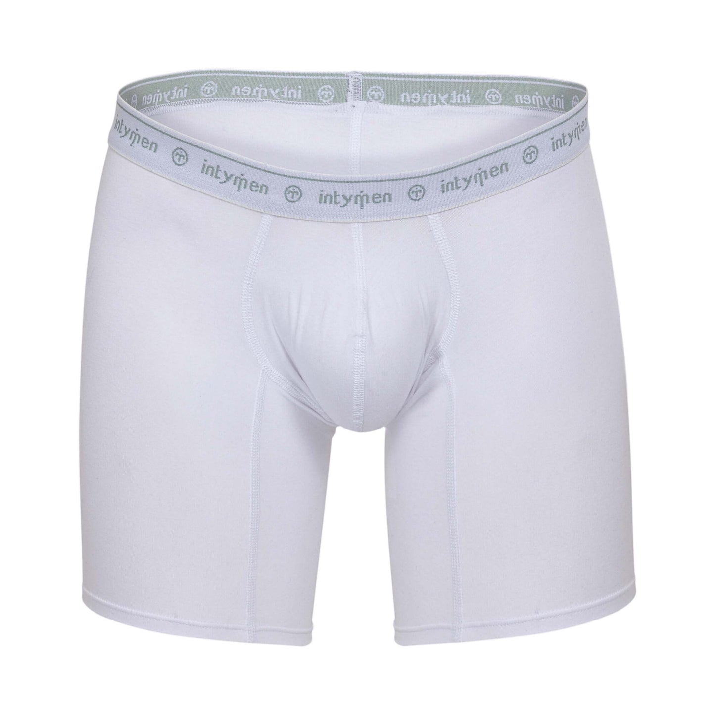White boxer briefs with gray waistband, displayed on white background.