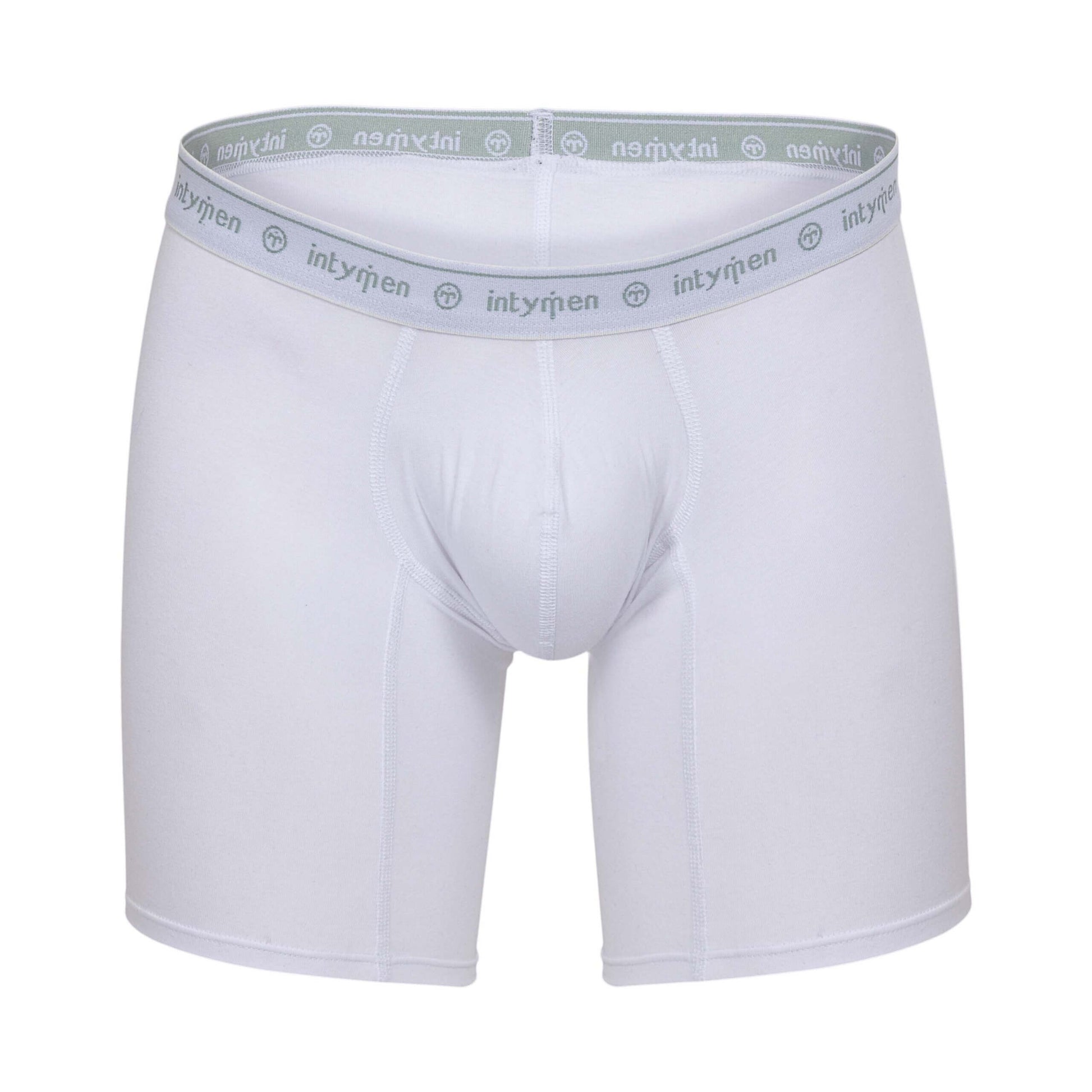 White boxer briefs with gray waistband, displayed on white background.