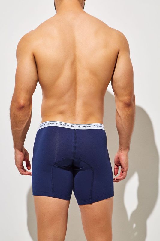 Back view of man wearing navy blue boxer briefs with white waistband.