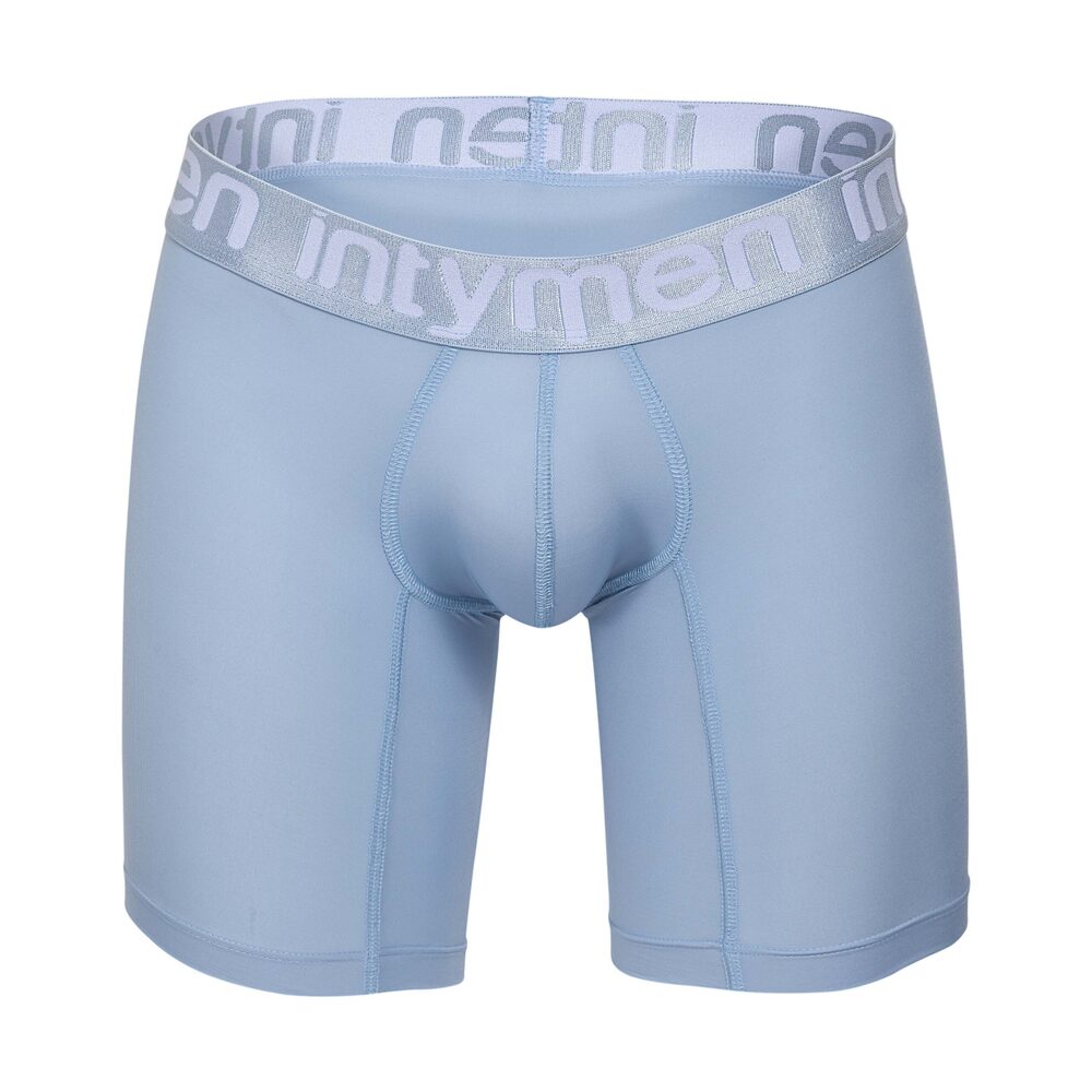 Light blue boxer briefs with silver Intymen waistband, displayed on white background.