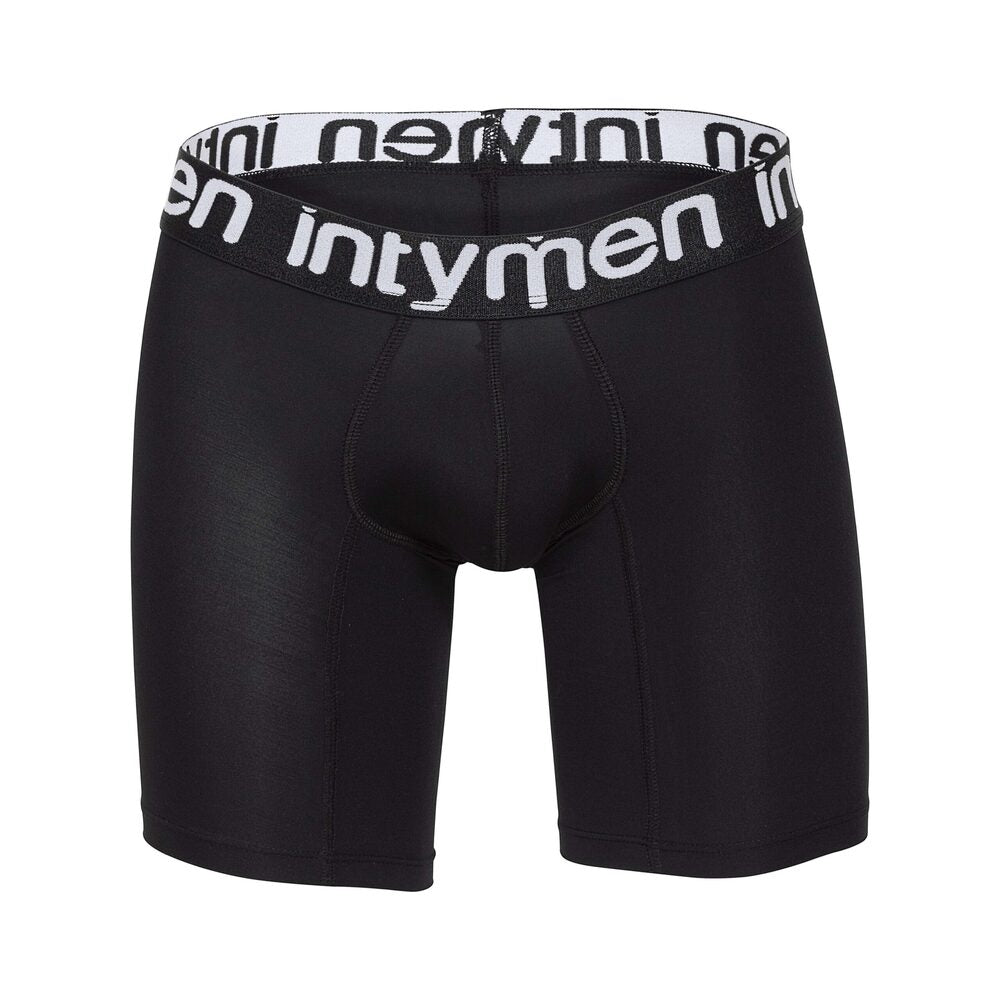 Black boxer briefs with bold white Intymen waistband, displayed on white background.