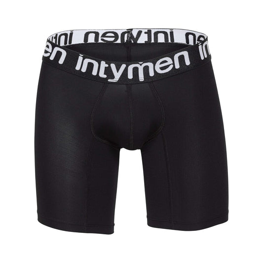 Black boxer briefs with bold white Intymen waistband, displayed on white background.