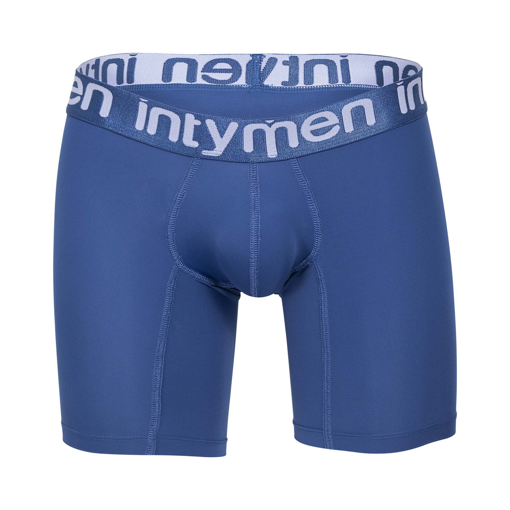 Front view of blue Intymen long boxer briefs with bold logo waistband laid flat.