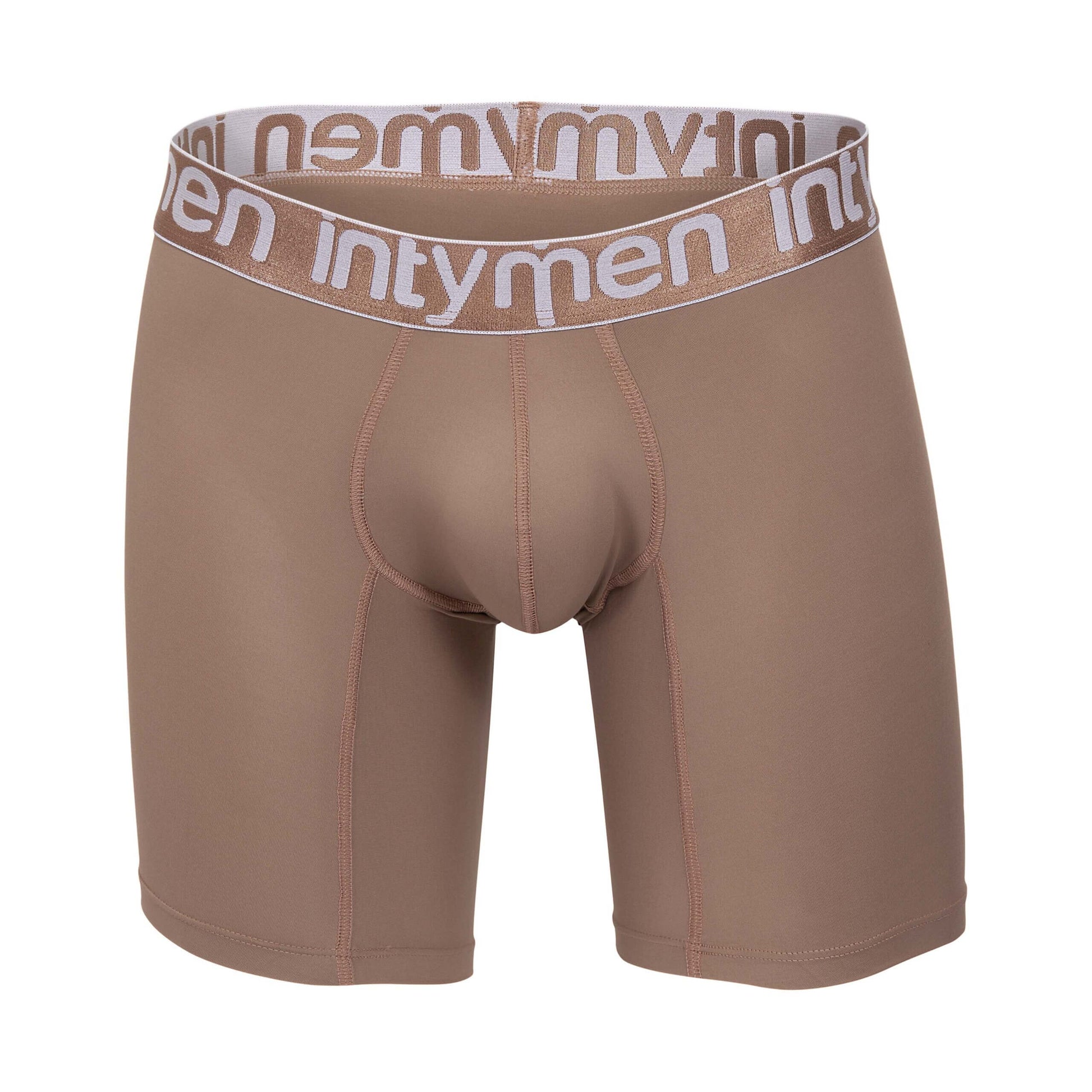 Front view of mocha Intymen long boxer briefs with matching logo waistband laid flat.