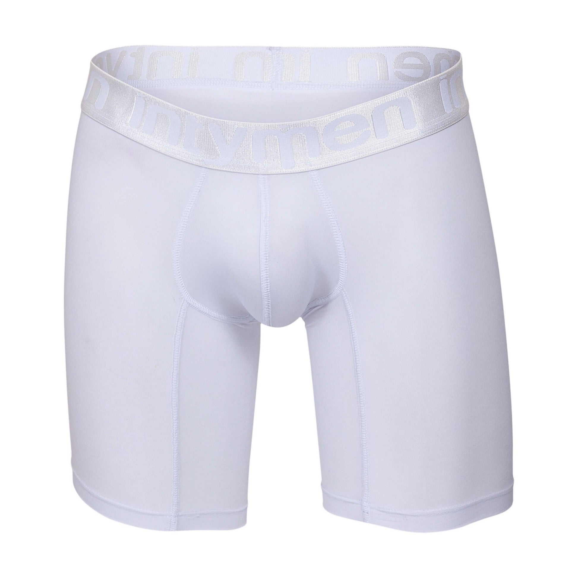 Front view of white Intymen long boxer briefs with tonal logo waistband laid flat.