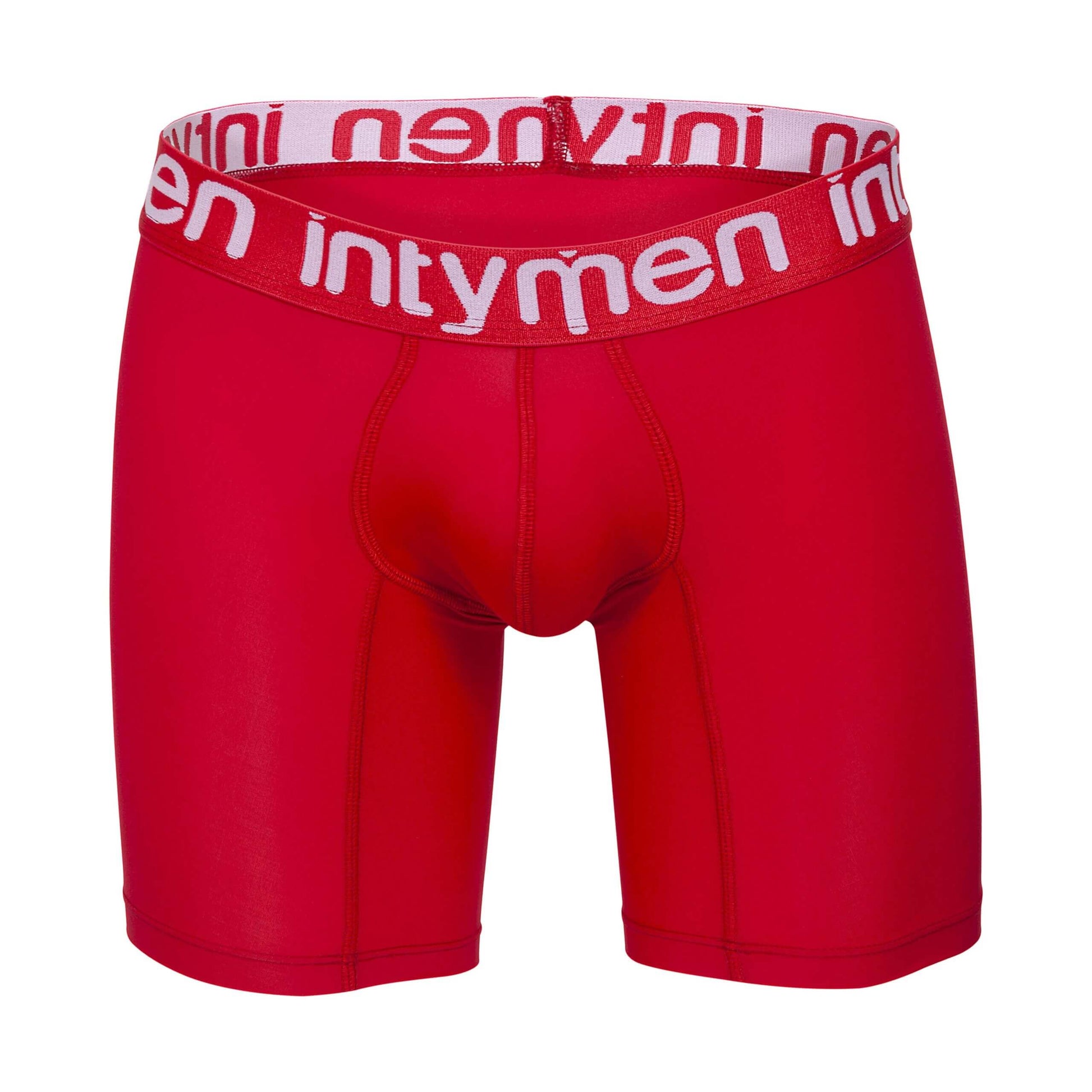 Front view of red Intymen long boxer briefs with white logo waistband laid flat.