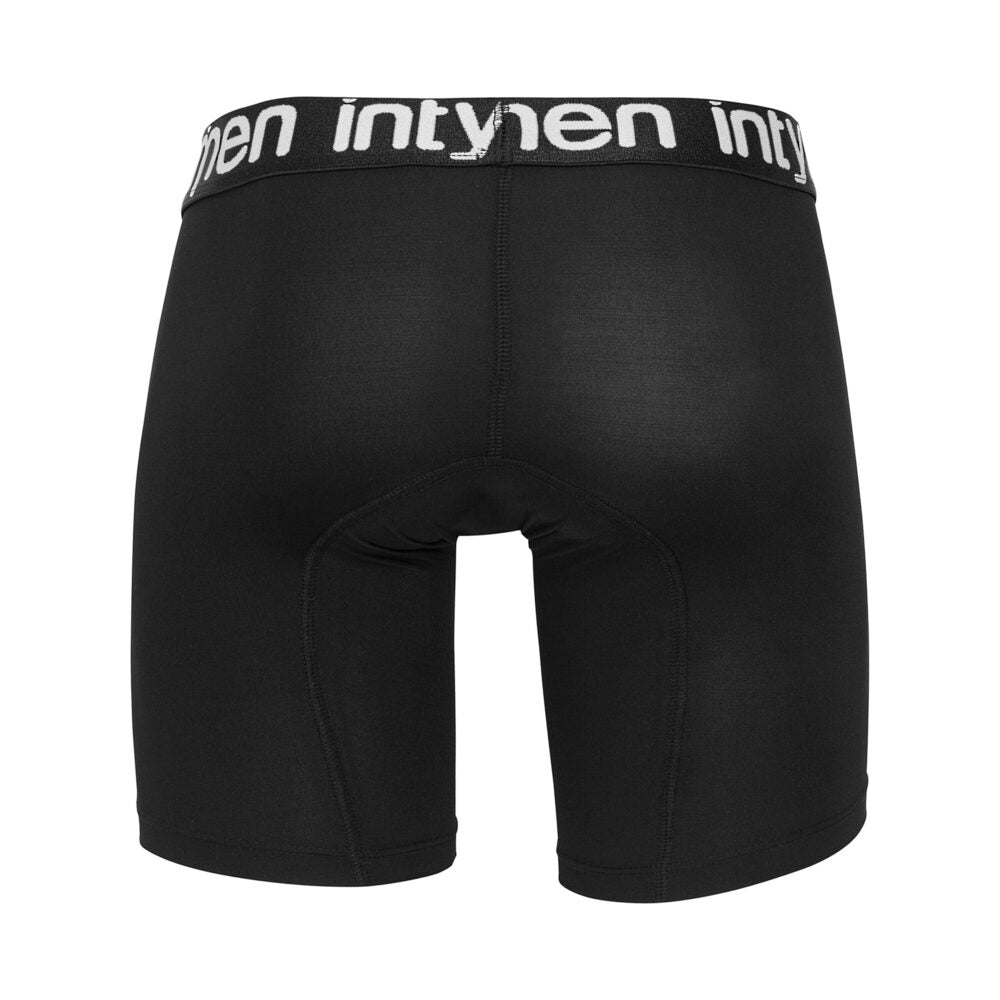 Back view of black boxer briefs with white Intymen waistband, displayed on white background.