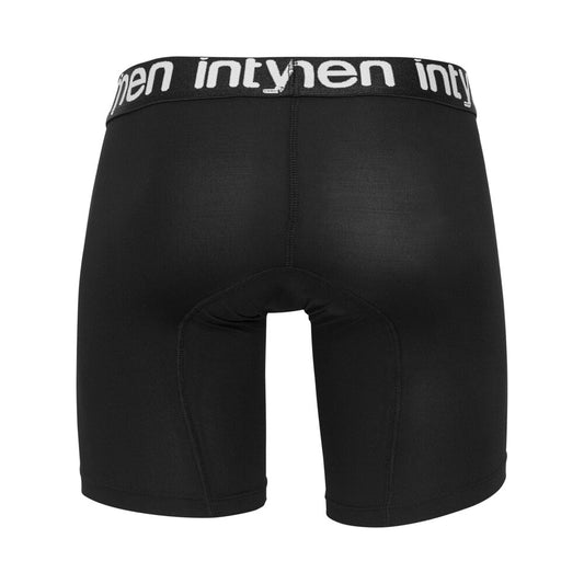 Back view of black boxer briefs with white Intymen waistband, displayed on white background.