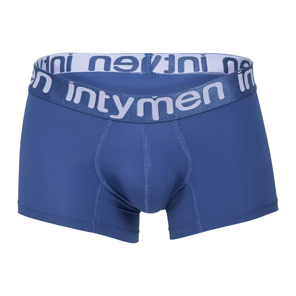 Dark blue Intymen boxer briefs with logo waistband.