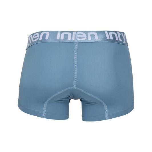 Back view of light blue Intymen boxer briefs with logo waistband.
