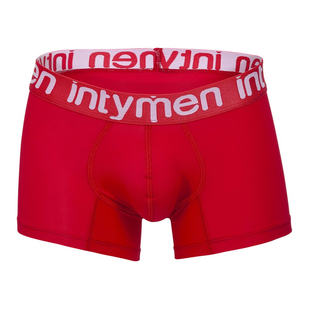 Red Intymen boxer briefs with white logo waistband.