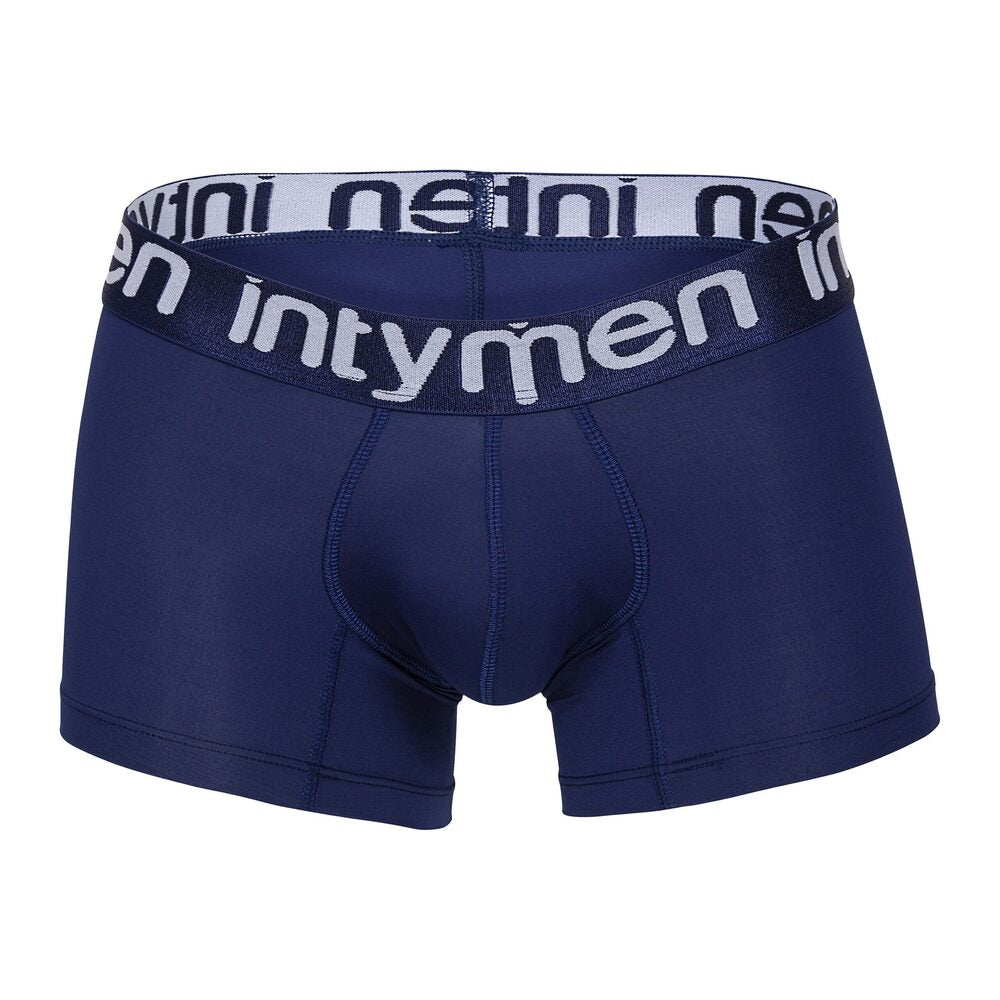 Navy blue Intymen boxer briefs with white logo waistband.