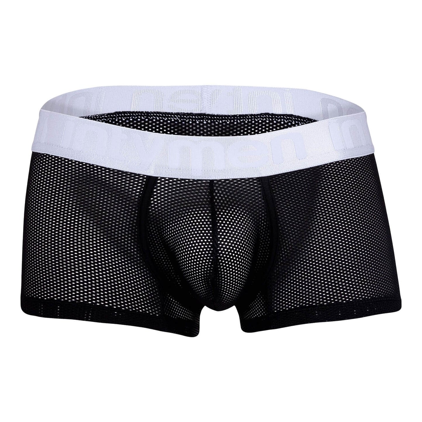 Black mesh Intymen boxer briefs with white waistband on white background.