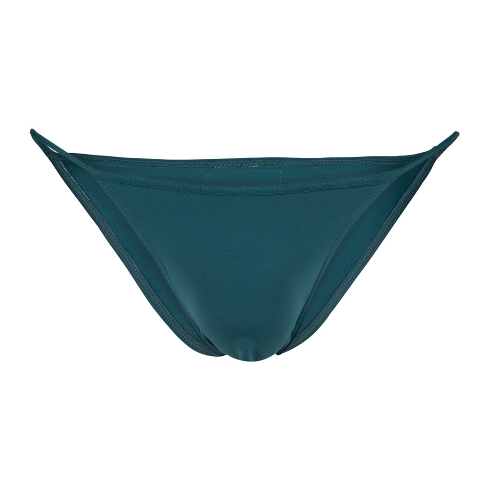 Men’s teal micro thong, flat lay front view.