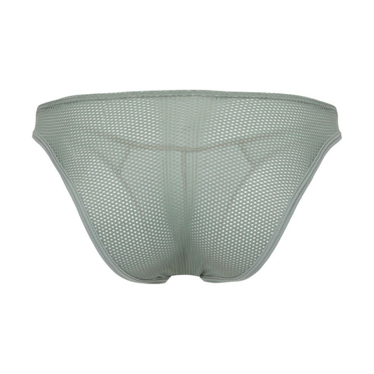 Back view of light green mesh bikini – breathable, semi-sheer fabric with full contour stitching.