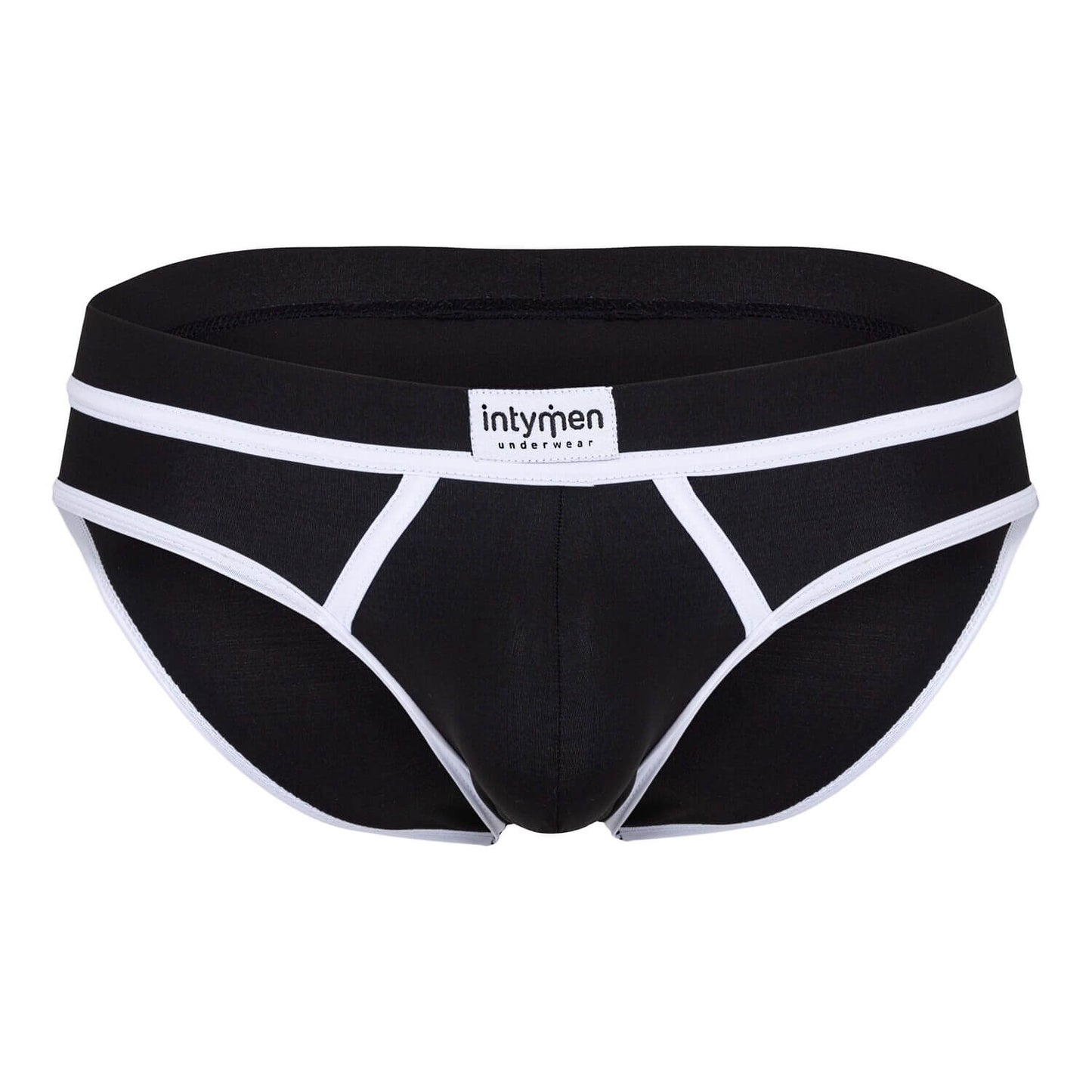 Front view – black briefs with white piping and Intymen logo on the waistband.