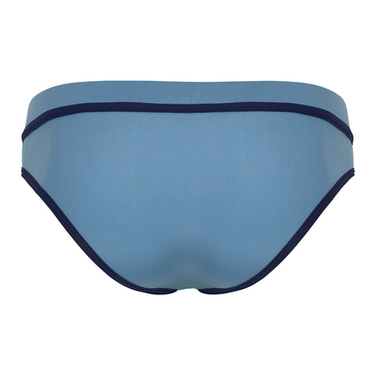 Back view – light blue briefs with navy trim and smooth finish.