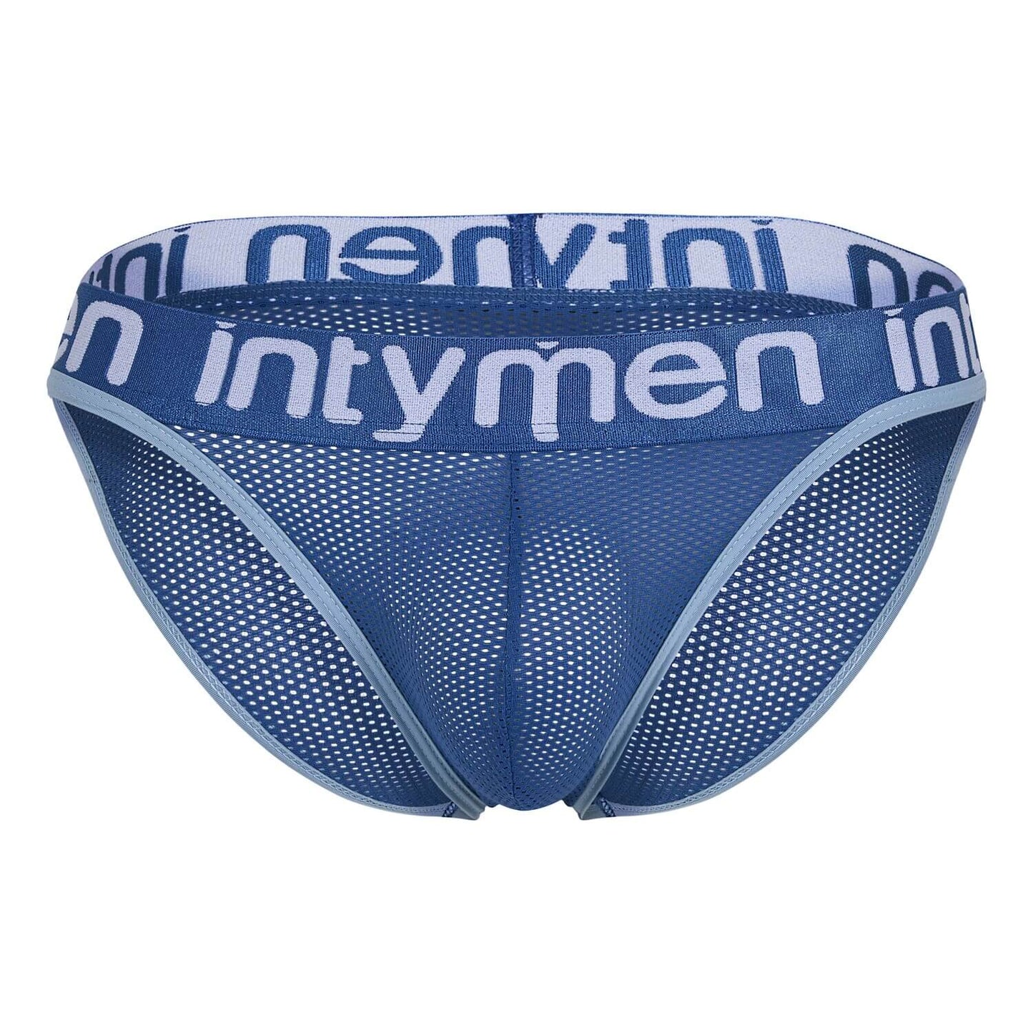 Front view – blue mesh brief with light blue piping and bold Intymen waistband.