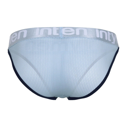 Back view – light blue mesh brief with navy trim and silver Intymen waistband.