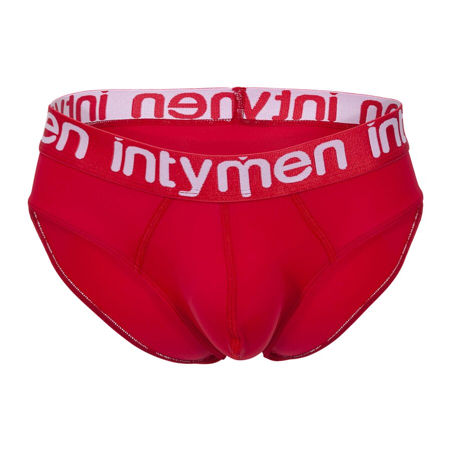 Front view – vibrant red brief with a bold white Intymen logo waistband, sculpted contour pouch, and supportive stitching for enhanced fit and style.
