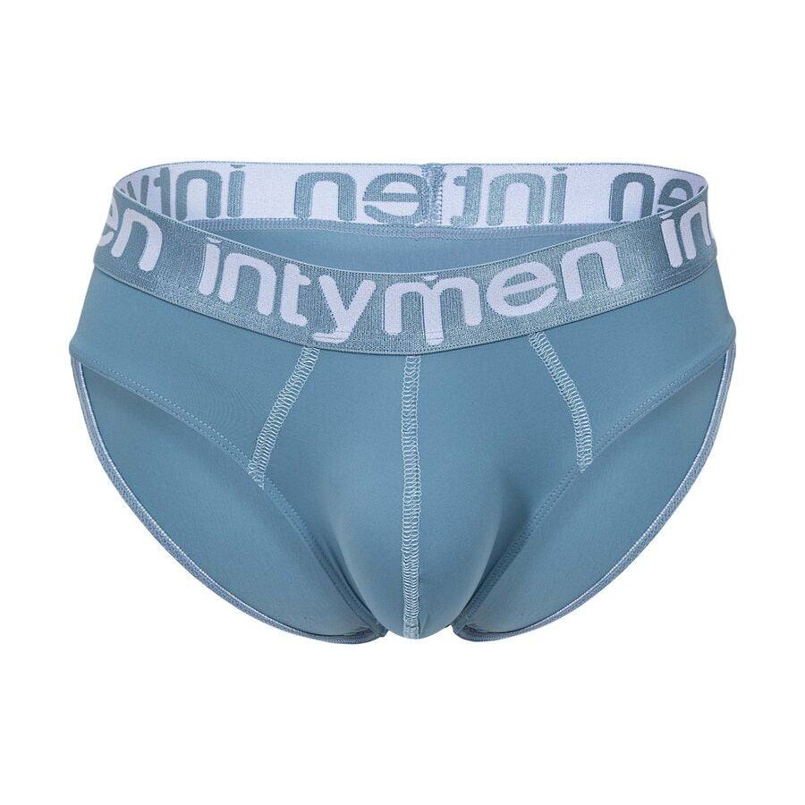 Front view – steel blue brief with a bold Intymen waistband, offering a sleek and supportive fit.