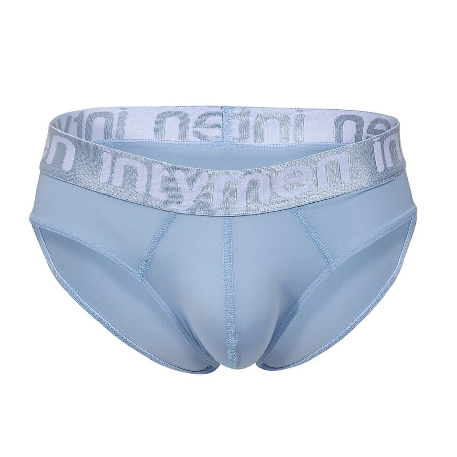 Front view – sky blue brief with a shimmering Intymen waistband, combining modern color with supportive design.