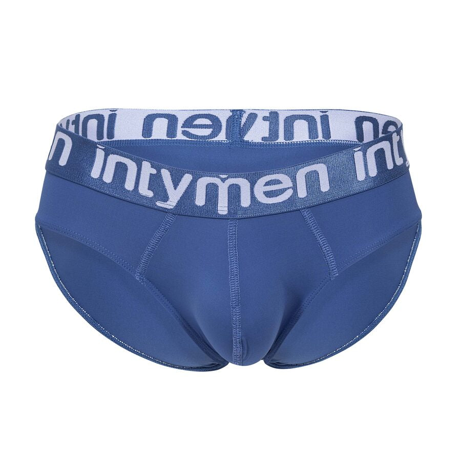 Front view – navy blue brief with a soft sheen and light gray Intymen waistband, designed for comfort and sporty appeal.