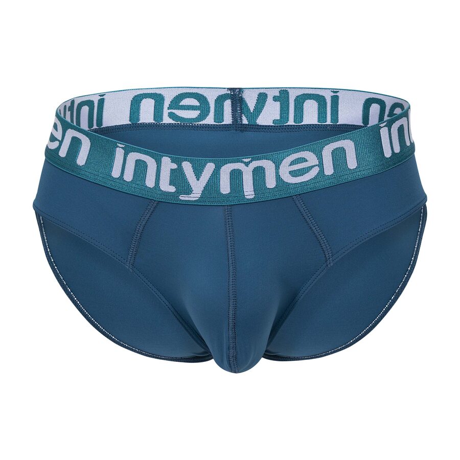 Front view – deep teal brief with a contrasting aqua green Intymen waistband, combining modern color with a sporty silhouette.