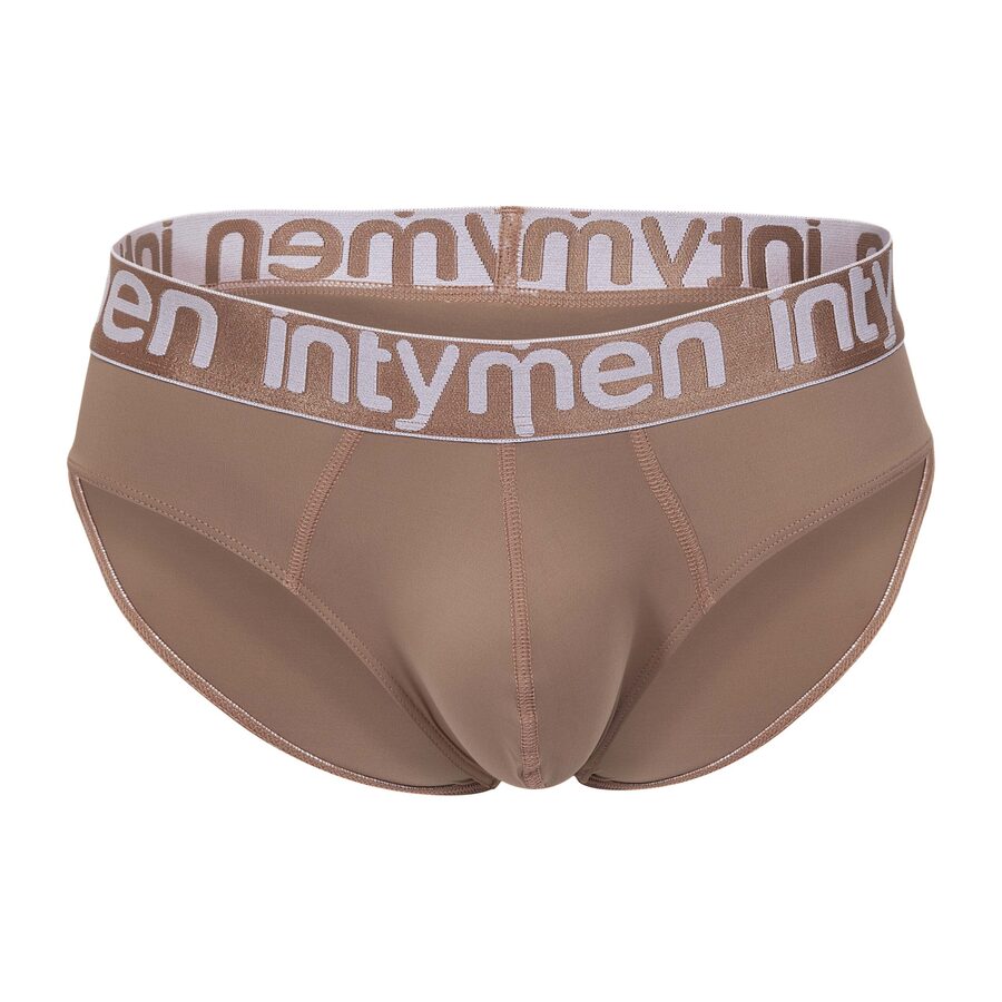 Front view – warm beige brief with tonal seams and a contrasting white Intymen logo waistband, offering a sleek, body-defining fit.