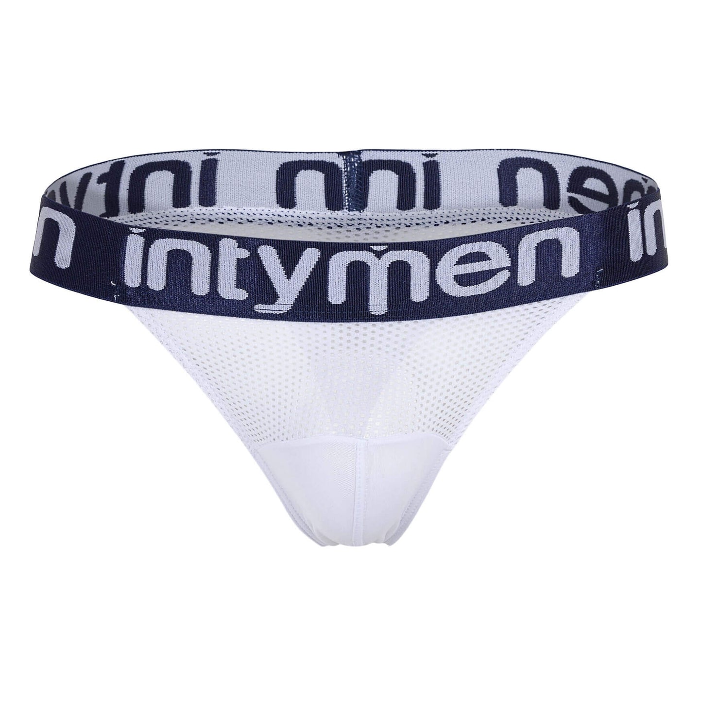 White mesh thong with navy waistband.
