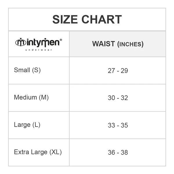 Intymen Size Chart: Waist in inches from 27 to 38, from S to XL.