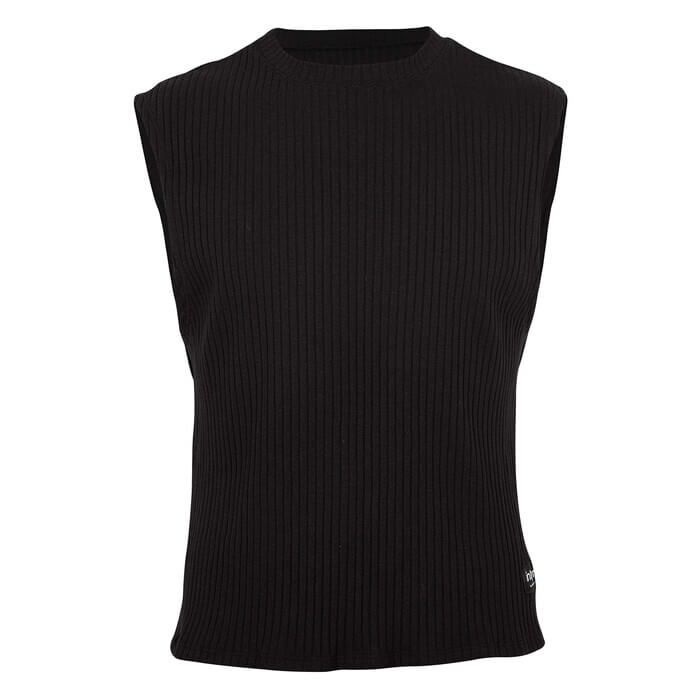 Sleeveless black ribbed top, front view.