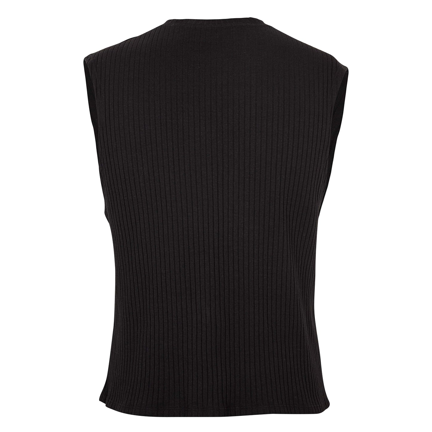 Sleeveless black ribbed top, back view.