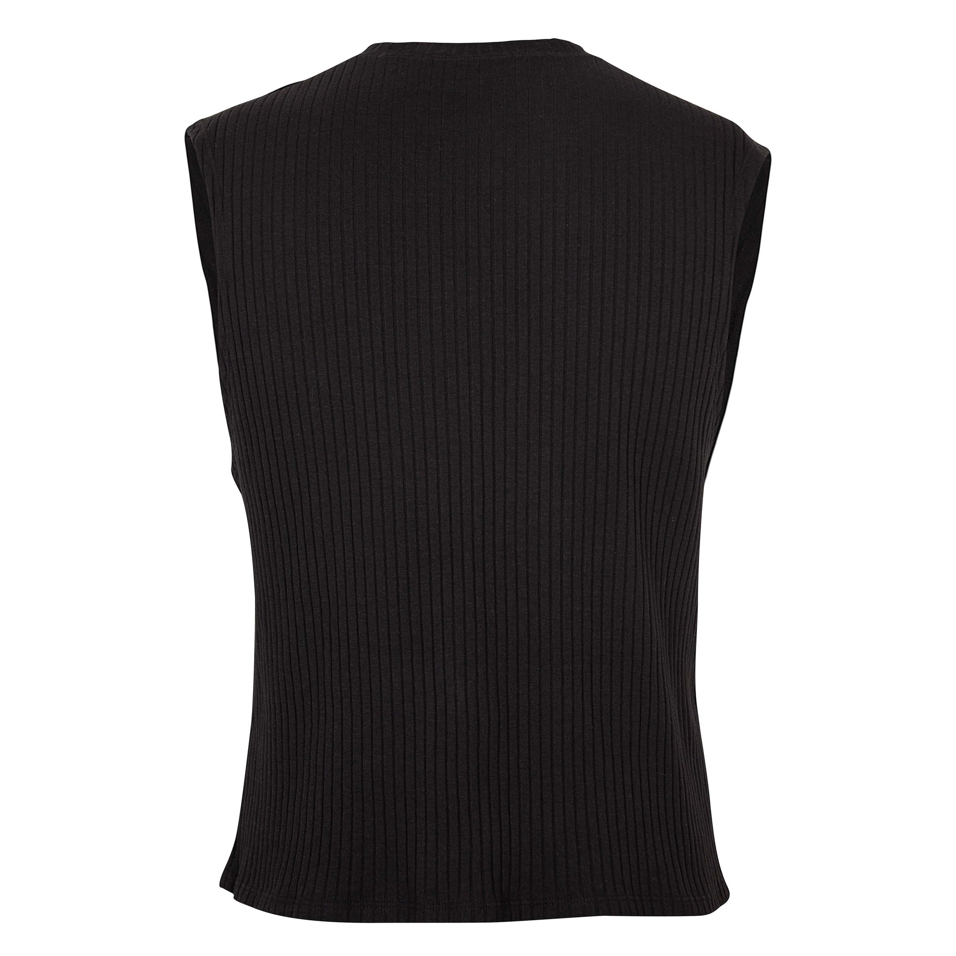 Sleeveless black ribbed top, back view.
