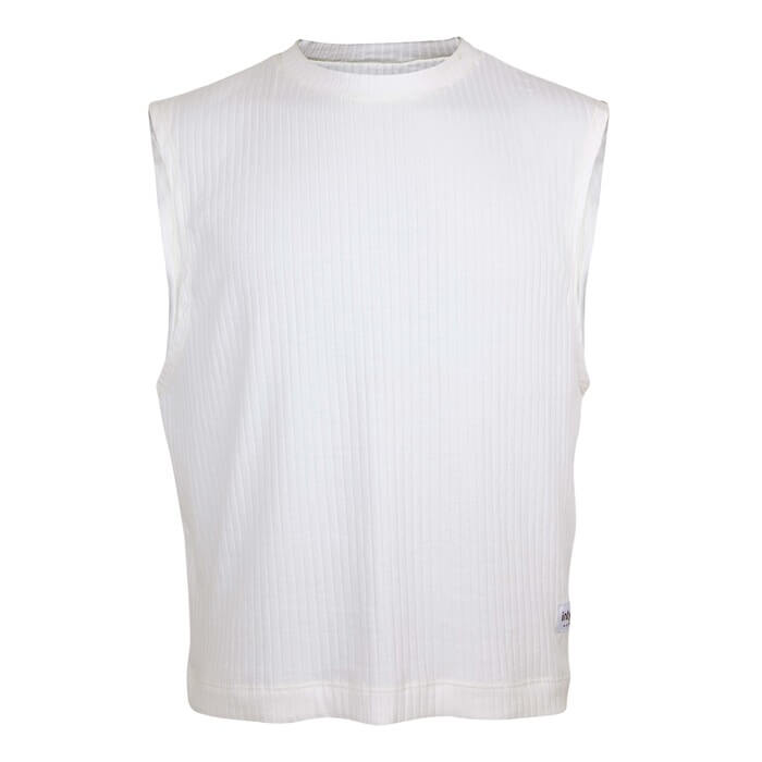 Sleeveless white ribbed top, front view.