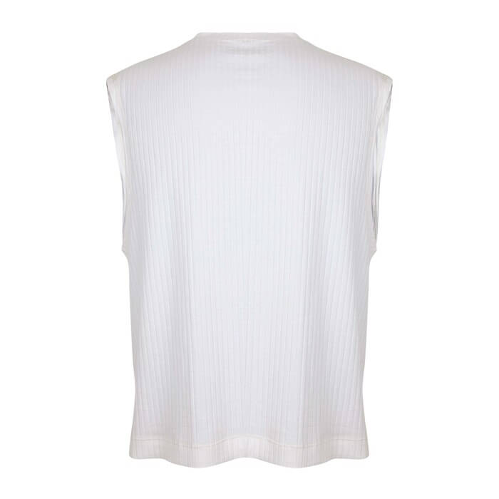 Sleeveless white ribbed top, back view.