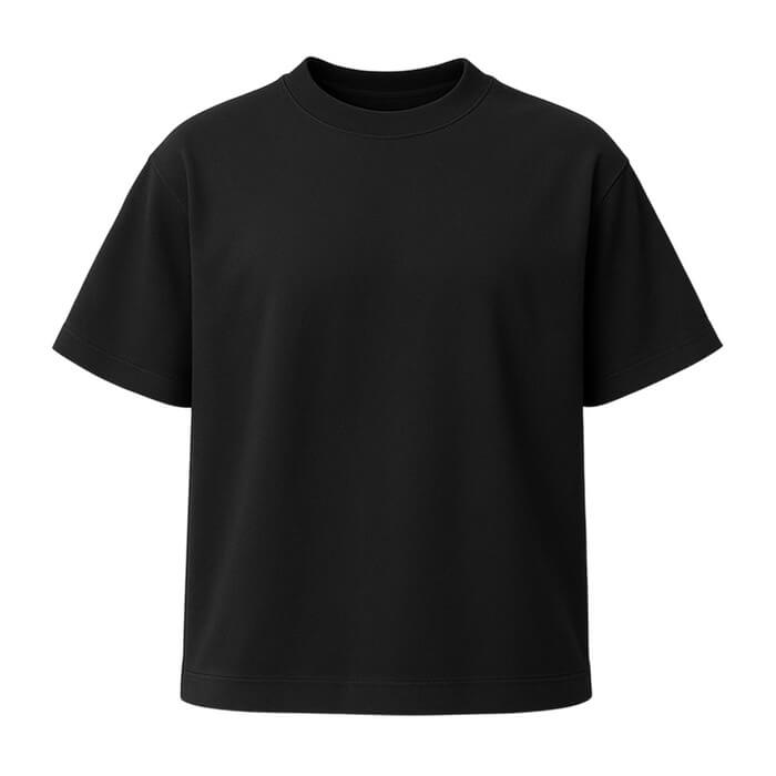 Plain black short-sleeve t-shirt, front view.