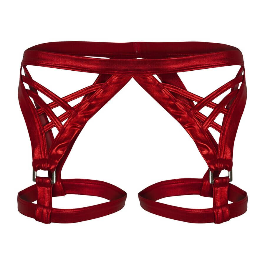 Front view of red strappy men’s harness underwear with a lattice design and thigh straps.