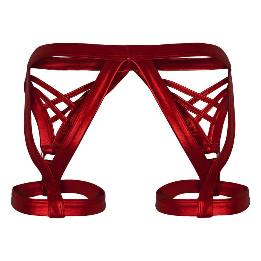 Back view of red strappy men’s harness underwear with an open rear design and thigh straps.