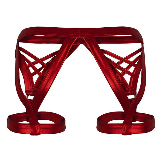 Back view of red strappy men’s harness underwear with an open rear design and thigh straps.