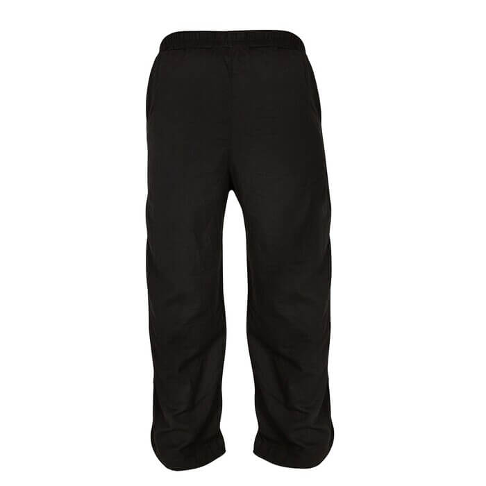 Back view of black loose-fit pants with an elastic waistband.